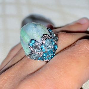 Mother of Pearl, blue topaz silver cocktail ring
